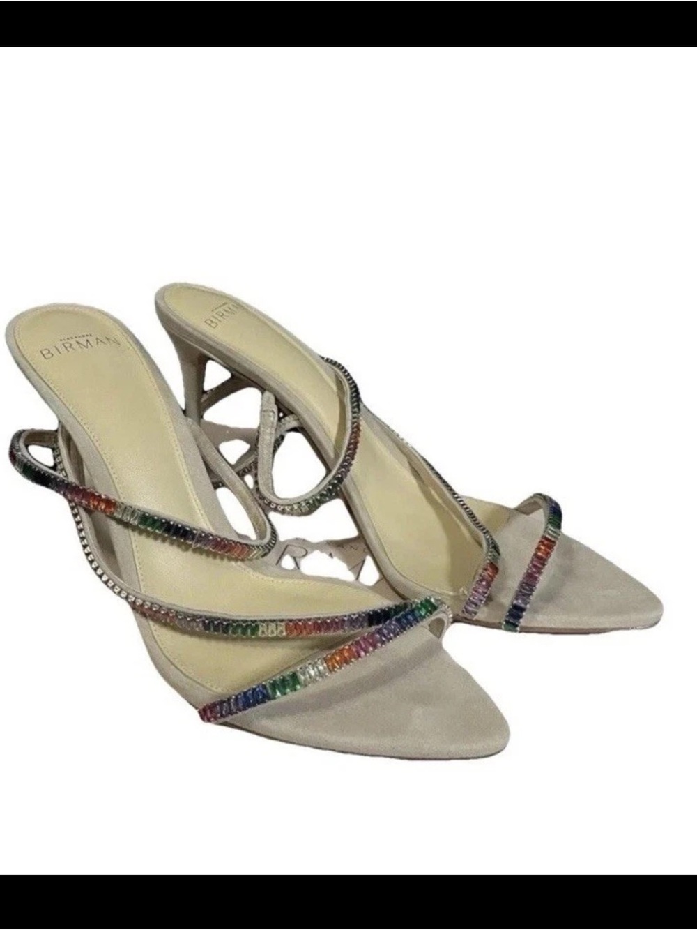 Alexandre Birman Polly Nude Rainbow Crystal Suede Strappy Heels 8.5